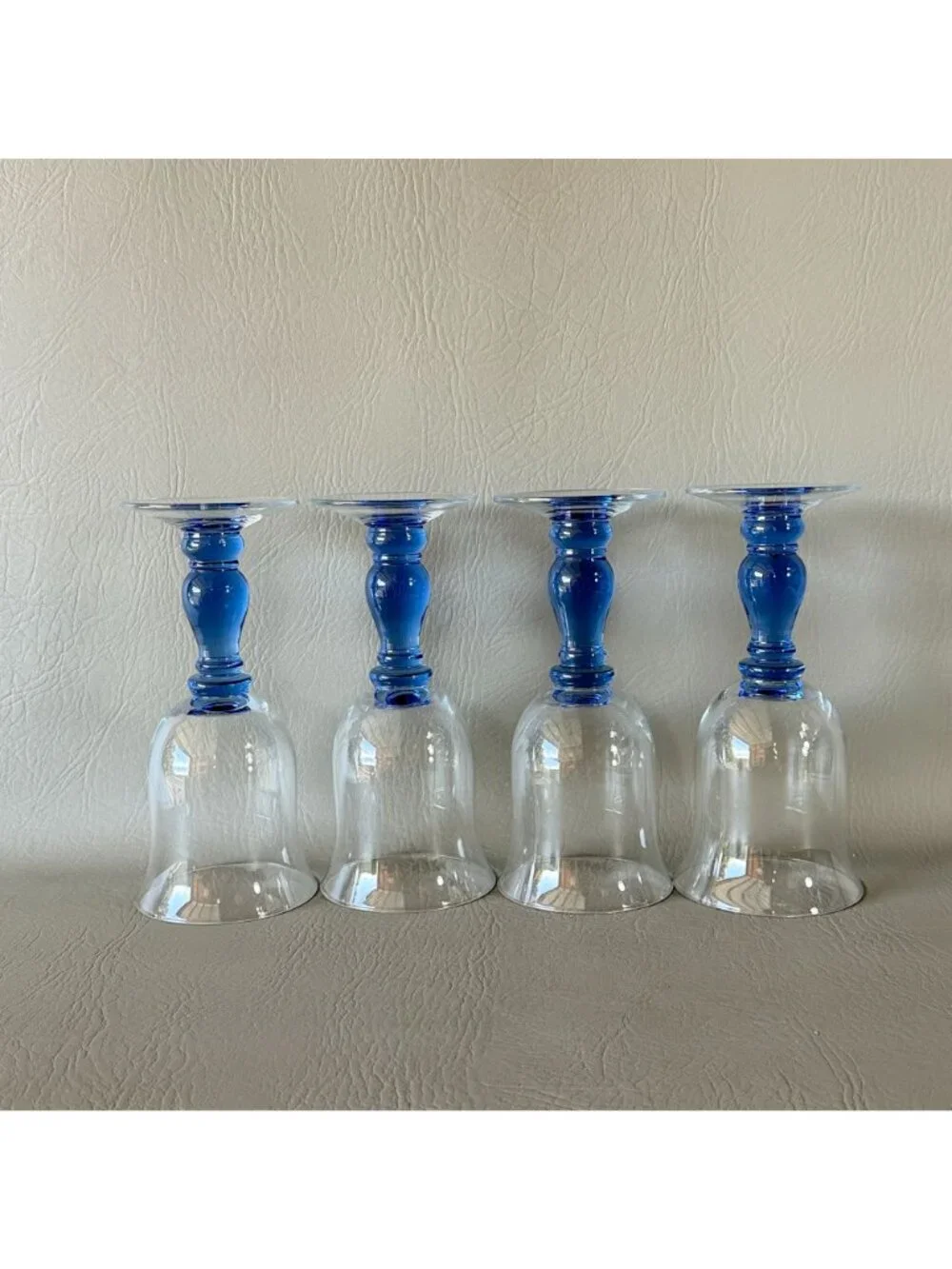 Vintage Royal Blue Stem Wine Glasses Water Goblets Tulip Clear Bowl Set of 4